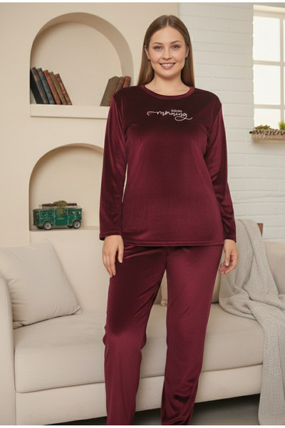 YusGos Women's French Velvet Round Neck Long Sleeve Printed Pajama Set