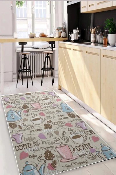 trendyhome Coffee Kitchen Rug, Coffee Cup Pattern, Gray, Non-Slip
