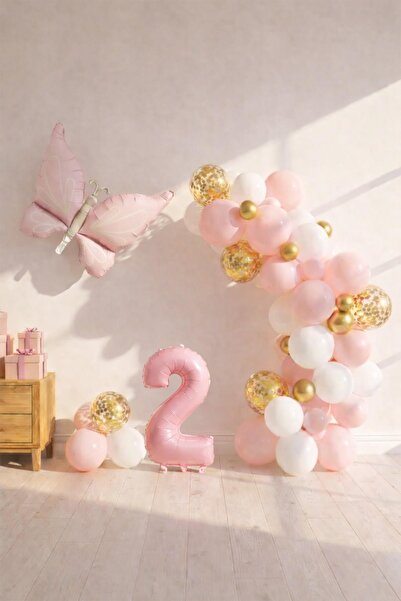 Patladı Gitti Butterfly Themed Pink 2Nd Birthday Balloon Set – Pink Gold Ball...
