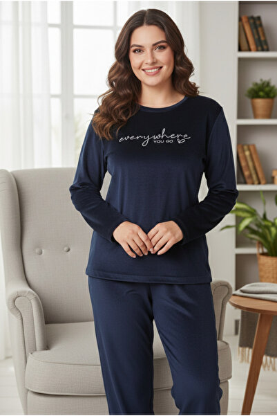 YusGos Women's French Velvet Round Neck Long Sleeve Printed Pajama Set