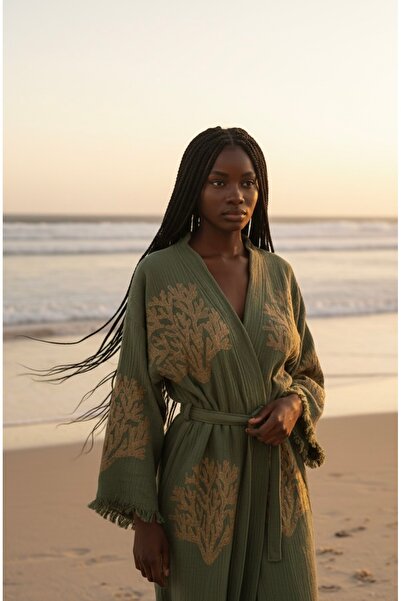 Befera Design Müslin Kimono %100 Pamuklu Mercan Baskılı Desenli Bornoz Kaftan...