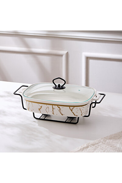 Malooki Porcelain oven dish with warming rack and glass lid, 36 cm - Marble C...