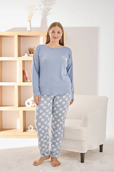 Pijamoni Women's Plus Size Stylish Sofia Fabric Pajama Set - Blue