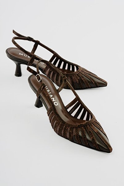 Mubiano Women's Stiletto Snake Patterned Mesh Detailed Heeled Shoes Serpa Brown