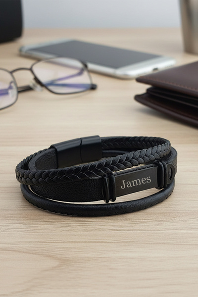 VAOOV 3 Sıra Kişiye Özel İsimli Mıknatıslı Siyah Deri Bileklik