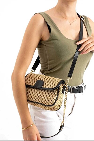 ÖZÜM TAKI Women's Straw Chain Strap Crossbody Shoulder Bag Black