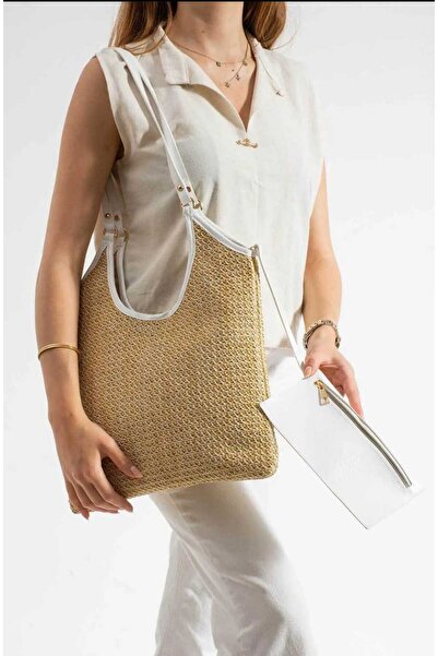 ÖZÜM TAKI Women's Straw Tote Large Size Shoulder Bag White