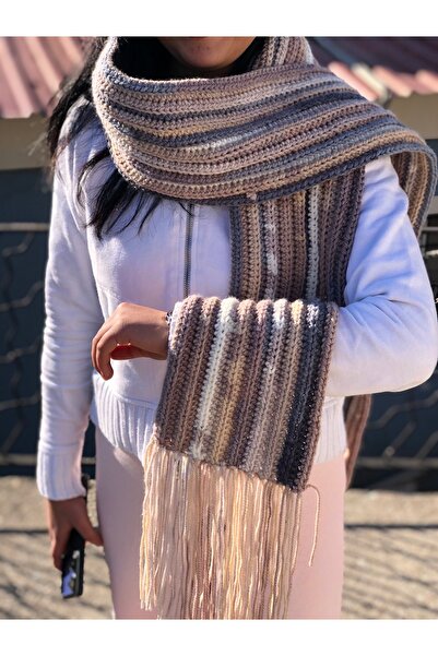 Diwaykit El Örgüsü Çizgili Uzun Atkı - Püskül Detaylı Kışlık Şal