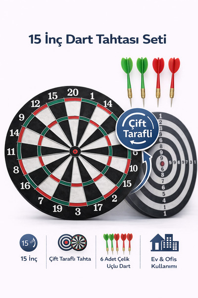 Janissary 15 İnç Çift Taraflı Dart Tahtası Seti – 6 Adet Çelik Uçlu Dart Oku ...