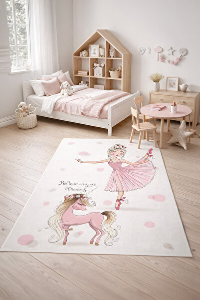 Nihai Ev Dijital Kaymaz Yıkanabilir Balerin Unicorn Pembe Beyaz Çocuk Halısı ...