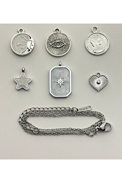 roshel 6 Adet Rodyum Kaplama Kolye Ucu Charm Çelik Zincir Hediyeli (6 adet Çe...