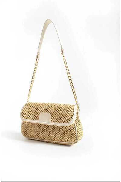 ÖZÜM TAKI Women's Straw Chain Strap Crossbody Shoulder Bag Cream