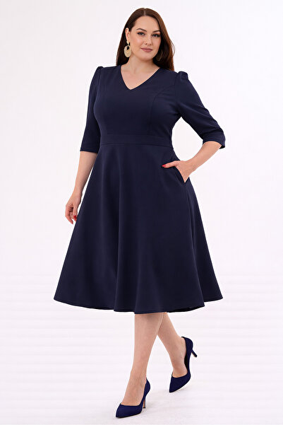 RURIS Women's Navy Blue V-Neck Pocketed Three-Quarter Sleeve Midi Flared Doub...