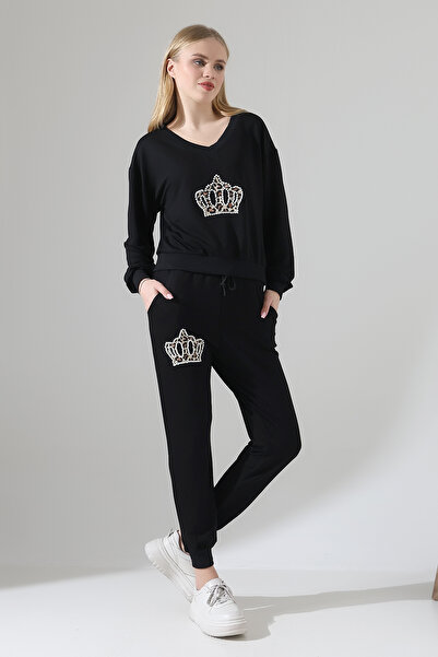 lubiti Pearl and Leopard Printed Tracksuit Set/V-Neck Ribbed Long Pants