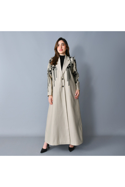 HAWRAA ABAYA A-line blazer-style abaya in linen fabric - beige