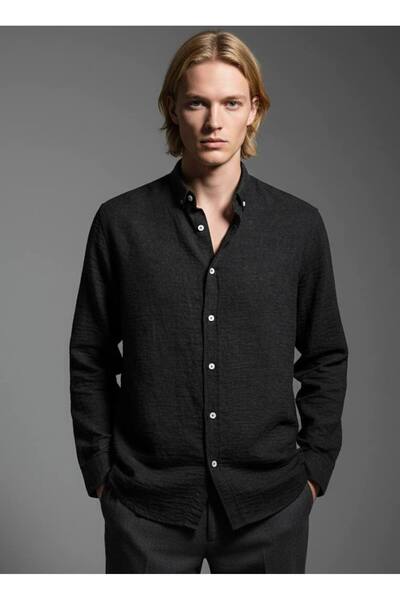 LWL Black Washed Effect Linen Textured Buttoned Collar Long Sleeve Relaxed Fi...