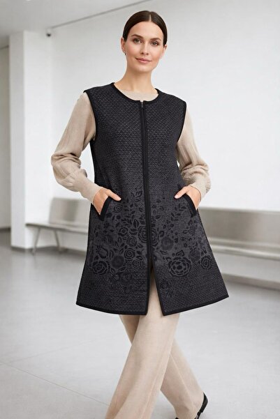 larocci Women's Zippered Patterned Sleeveless Long Vest