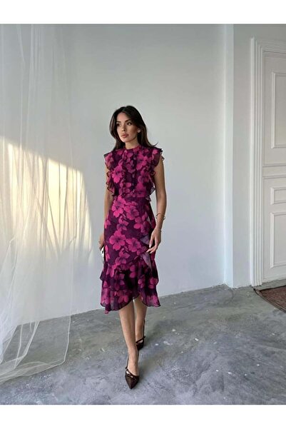 Miss Janell Women's midi dress with floral details and chiffon trim - Made in...