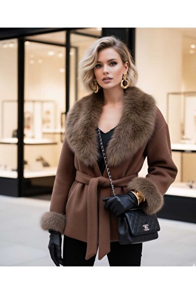 Ahzem Collection Fur Detailed Luxurious Cashmere Coat