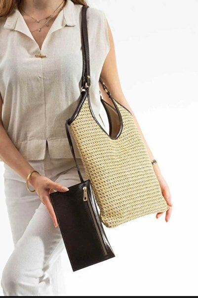 ÖZÜM TAKI Women's Straw Tote Large Size Shoulder Bag Brown