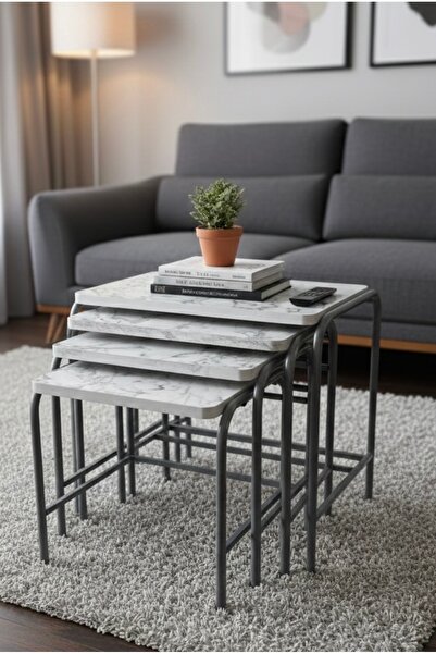 Ars Beyaz Mermer Desenli Zigon Sehpa, 4’lü Çay Sehpası, Zigon Sehpa, Salon Se...