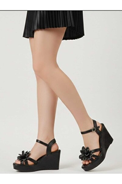 AYDOĞDU by ünal Black Wedge Heel Tulle Stone Bow Detailed Evening Dress Shoes...