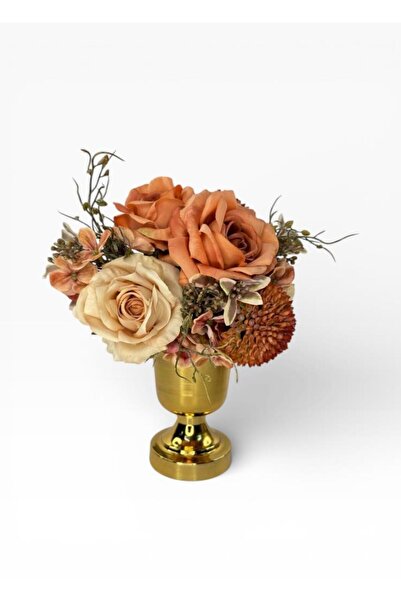 Nettenevime ترتيب زهور صناعية من الورد السلموني والكريزانثيم بلون ذهبي مع وعا...