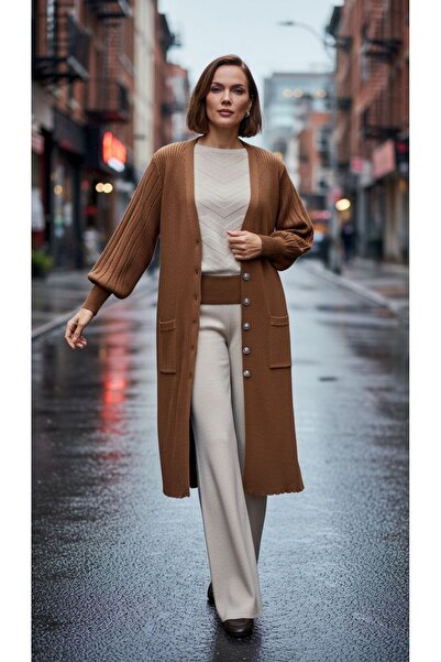 larocci Women's Khaki Buttoned Long Basic Cardigan - Plus Size