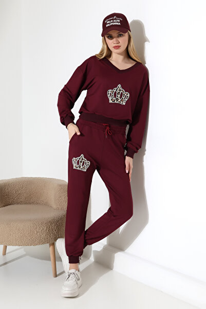 lubiti Pearl and Leopard Printed Tracksuit Set/V-Neck Ribbed Long Pants