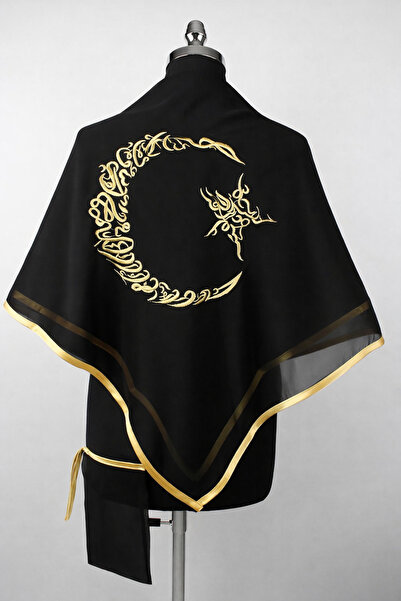 Mortex Siyah Şifon Lüks Gold Ay Yıldız Gold Biyeli Omuz Örtüsü Şalı - Damat, ...
