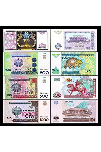 3Alp Koleksiyon ÖZBEKİSTAN 100-200-500-1000 SOM 1994-2001, 4 Lü Set Çil, Eski...