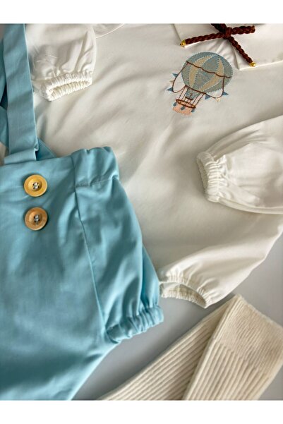 il mio bambino Handmade 100% Cotton Baby Boy Flying Balloon Embroidered Set Long Sleeve Shirt Romper Set