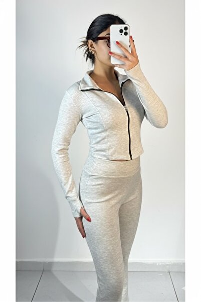 Velista Women's Gray High Waist Ribbed Spanish Leggings Crop Zipper Top Set C...