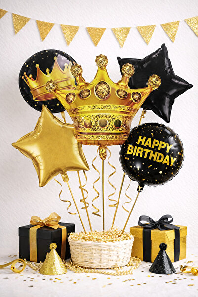 parti hediye sepeti Altın Taç Temalı Happy Birthday Folyo Balon Seti | Doğum ...