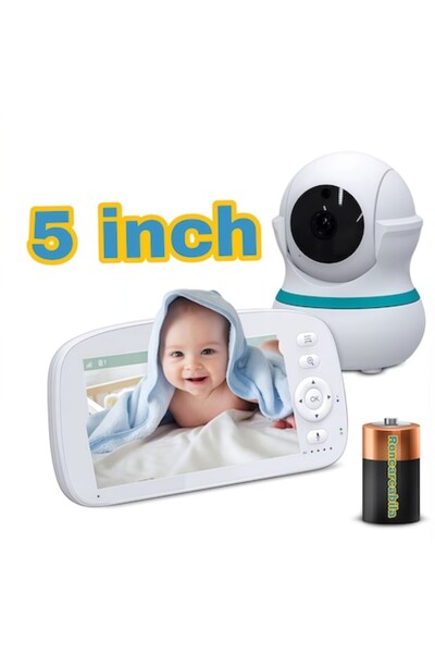 AMYMAT Monitor wireless pentru bebeluși de 5 inci cu cameră rotativă la 360°
