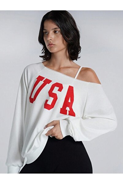 PALPİTO سويت شيرت نسائي أبيض مطبوع عليه USA قصة فضفاضة برقبة قاربية