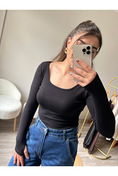 U YAKA PARMAK GEÇMELİ BODY SİYAH
