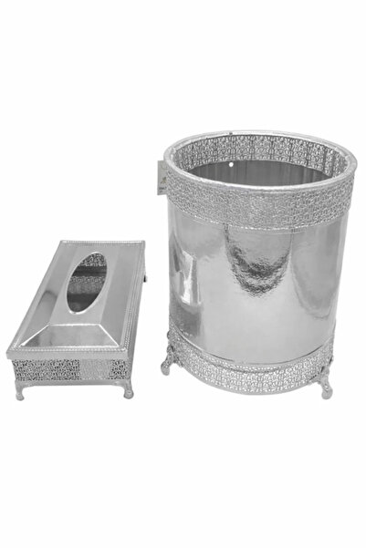 Urbanza Elegant Silver Tissue Box and Trash Bin Set with Decorative Border De...