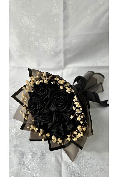 Çiçek Atölyesi 14 Şubat Kara Sevda 7’li Siyah Solmayan Kurdele Gül Buketi – S...
