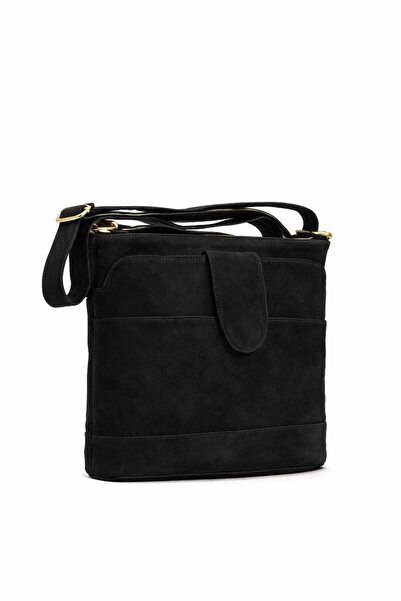 fubileather Hakiki Süet Deri Gold Detaylı Çapraz Askılı Kadın Çanta