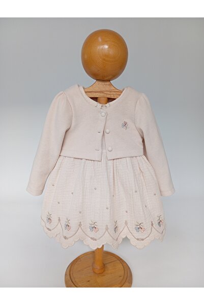 Moonstar Bebe Yaka Nakışlı Elbise Ceket 2'li Kız Bebek Takım