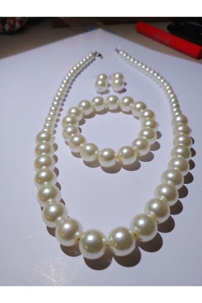 Ravinity Küçük Büyük İncili Şık Hediye Set Kolye Küpe Bileklik