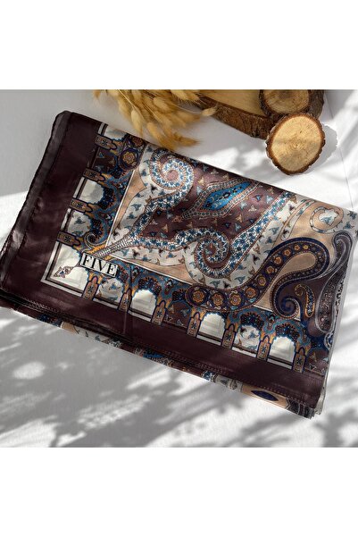 FİVESCARF Retro Desen Vual İpek Şal Kahve
