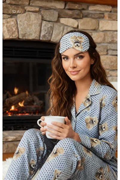 NiCe İç Giyim Baby Blue Teddy Bear Printed Suede Soft Women's Shirt Pajama Se...