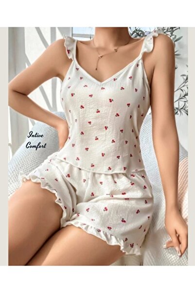 İntive Lingerie Intive Comfort Cherry Patterned Ruffle Detailed Ecru Pajama S...