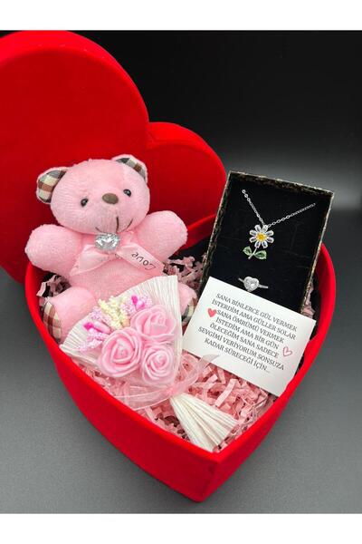 Sepetten Eve Kalpli Kutuda Mini Buket Hot Flowers Ayıcık Papatya Kolye ve Kal...