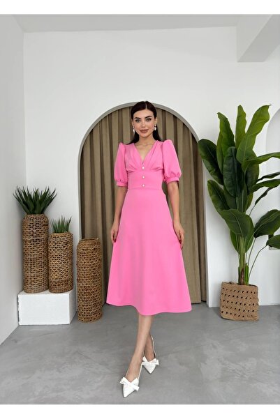 ETİKAFASHION Soft pink dress with short sleeves, elegant button detailing, an...