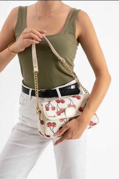 ÖZÜM TAKI Women's Cherry Patterned Chain Strap Crossbody Shoulder Bag