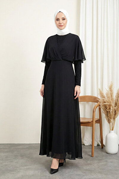 MODAQU Long Cape Detailed Chiffon Evening Dress - Black