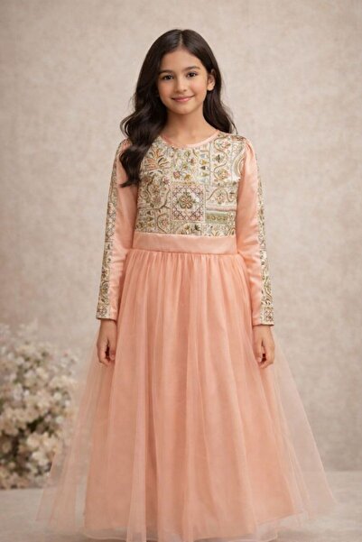 La reina petite Linen dress with peach embroidery for the intricate age group...